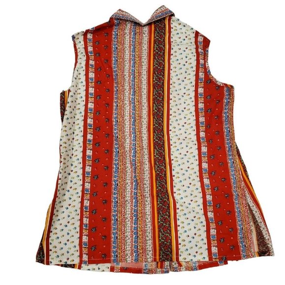 Vintage 70s Red Boho Belted Tunic Collared Smock Sleeveless Floral Shirt L/XL - Picture 4 of 10
